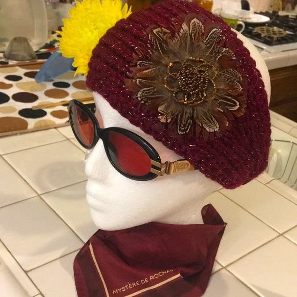 Accessories - Burgundy Metallic Knit Wide Headband/Hat with Feather & Beaded Accent